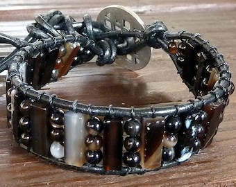 Black Agate Cuff Bracelet - Black Leather Bracelet, Black Agate Beads