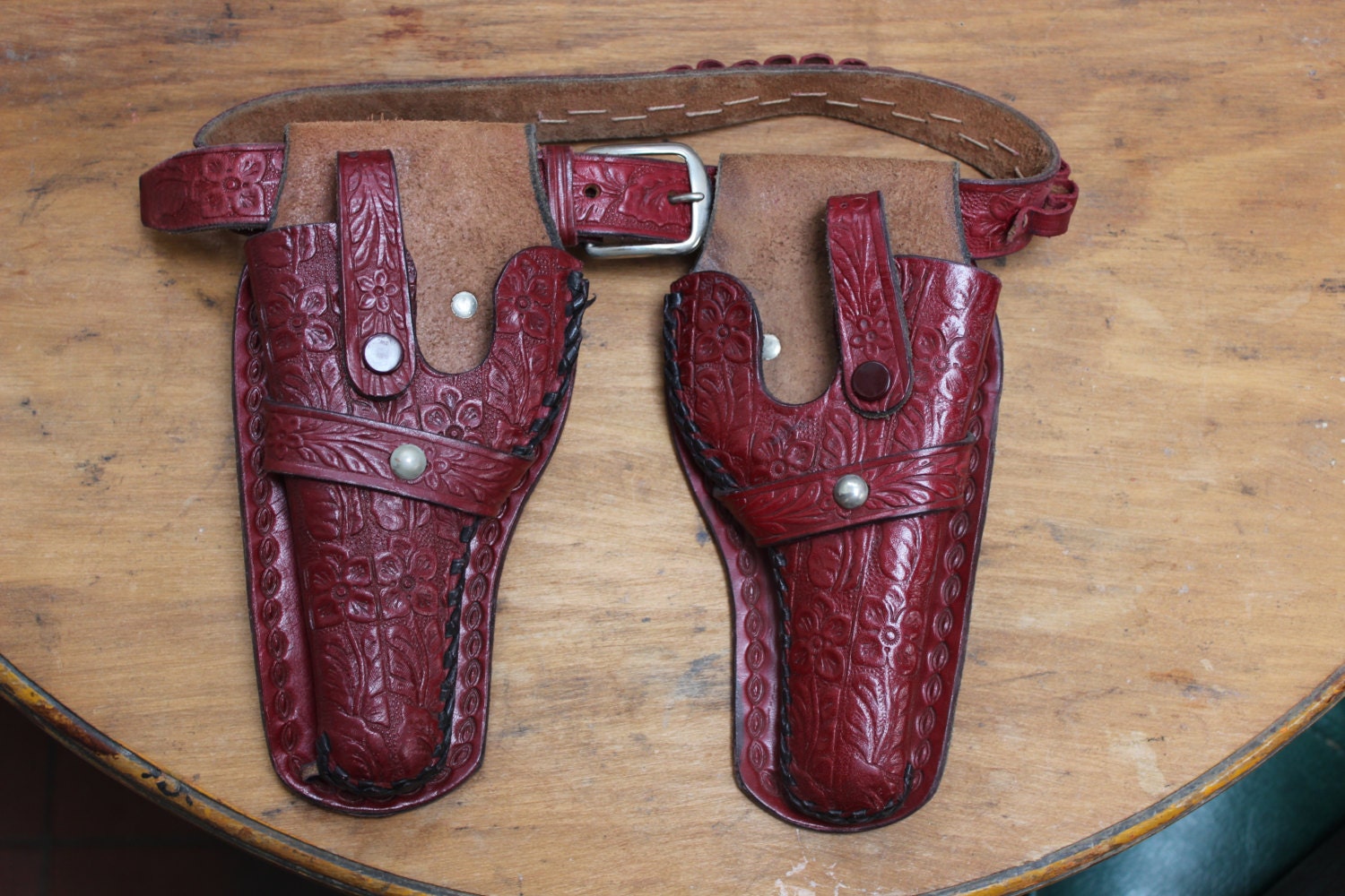 Gun Holster Child Cowboy Toy play Kids Tooled Leather Pair