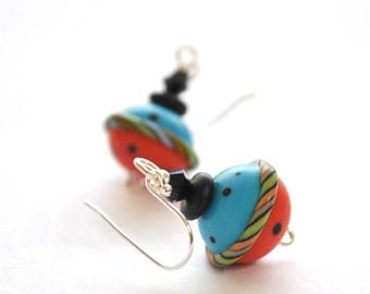 Blue Carnival Ball Earrings, Lampwork Glass Earrings, Colorful Earrings, Whimsical Jewelry