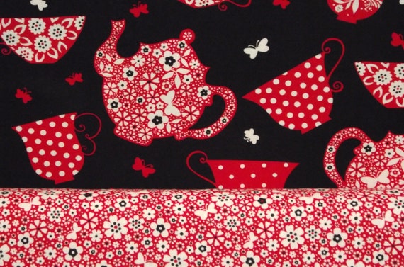 Items similar to Teapot Fabric-Teapots Teacups Fabric in Black and Red ...