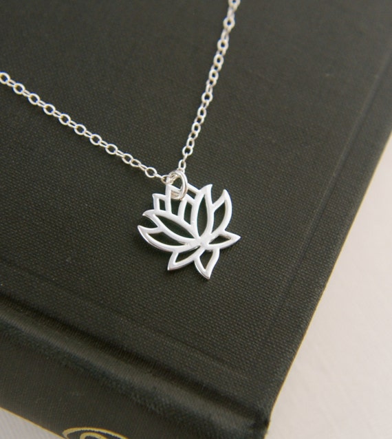 Silver lotus flower charm and sterling silver necklace flower