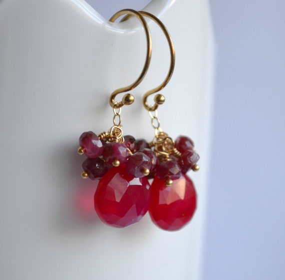 Items similar to Ruby earrings, raspberry garnet and chalcedony ...