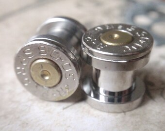 Mens bullet ear gauges Silver 30 06 Bullet Plug Earrings Bullet Shell u pick your gauge ... Two Tone Gold & Silver