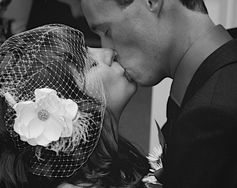 Vintage inspired Birdcage Veil and Detachable Bridal Fascinator Blusher hair flower Wedding Reception -Evelyn