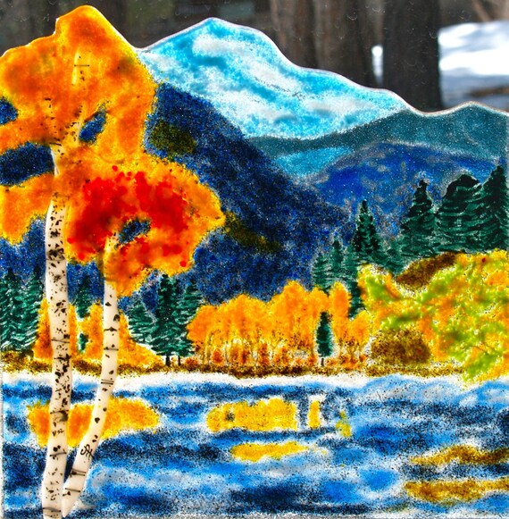 Fused Glass Majestic Mountains Surround a Glacial Lake Autumn