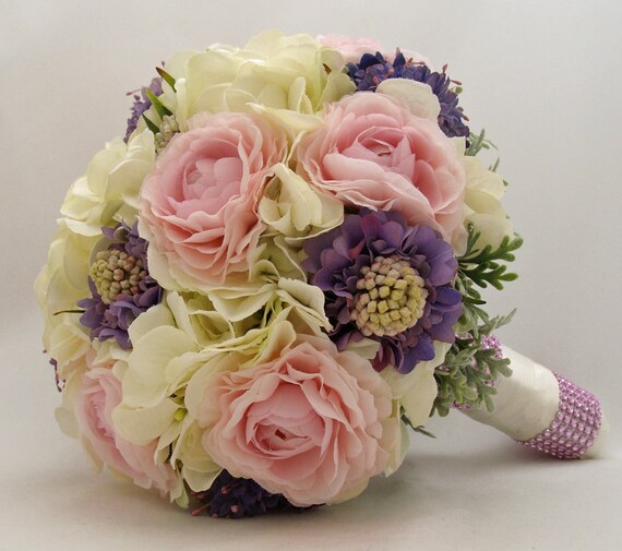 Pink Periwinkle Silk Flower Bridal Bouquet Groom's