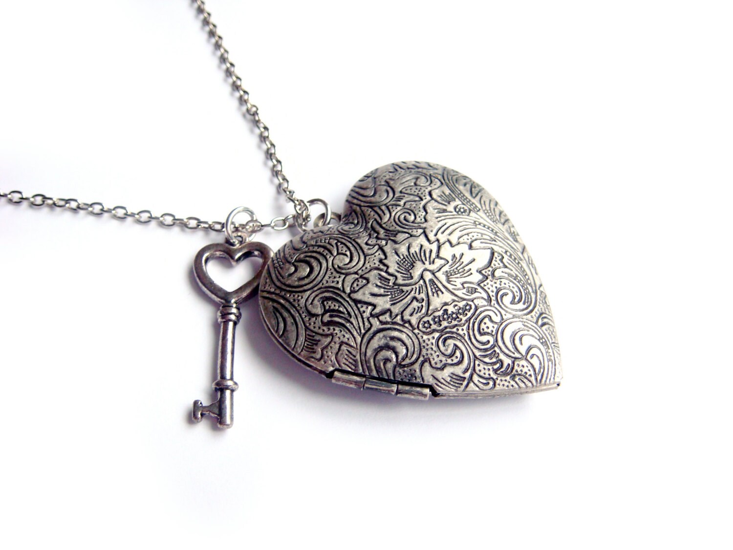 Heart Locket In Silver With Key Charm Long Locket Necklace
