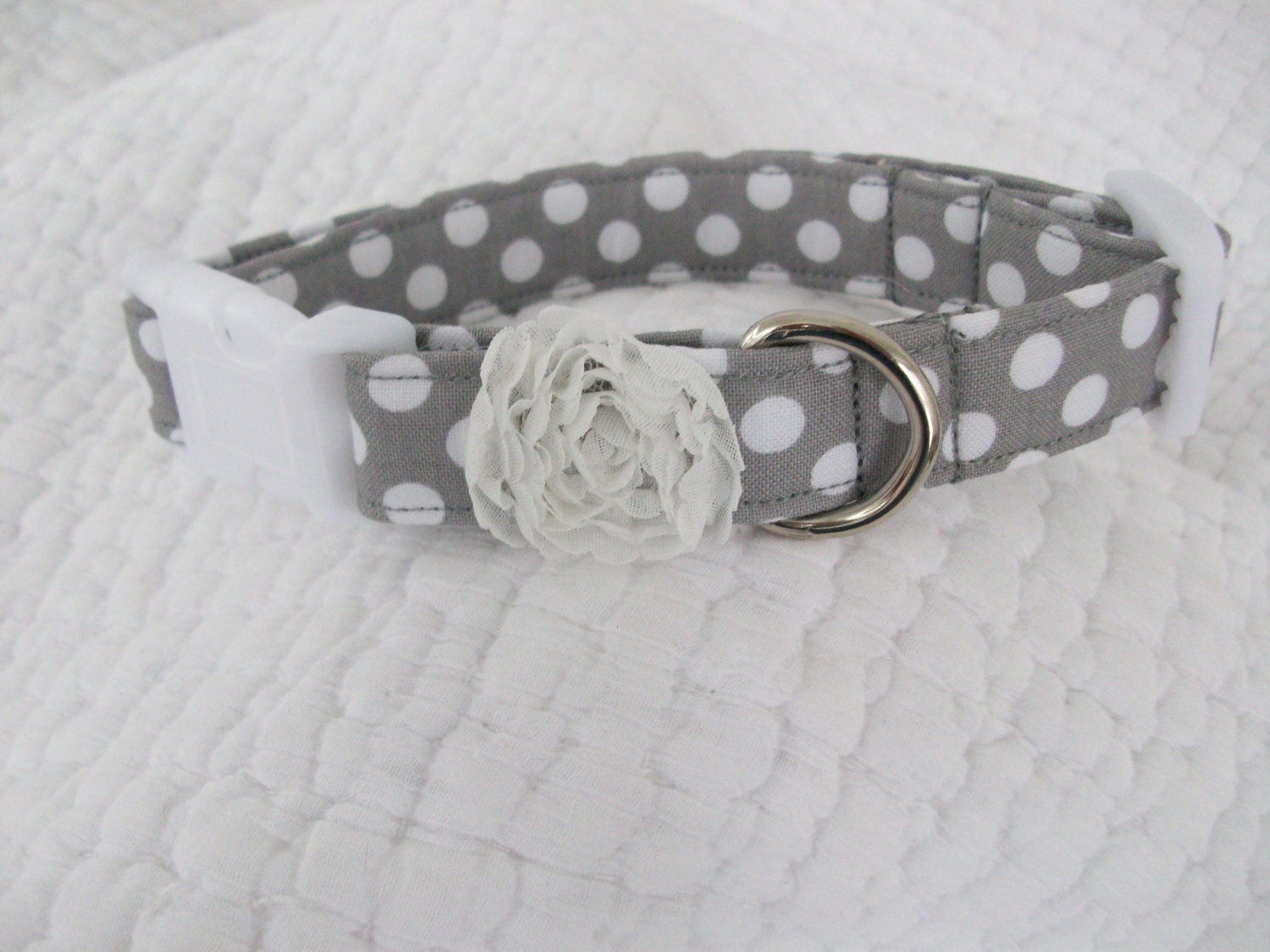 Dog Collar Grey polka dots with White Shabby by graciespawprints