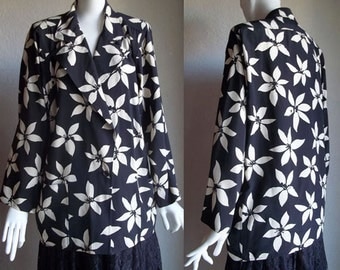 Vintage 80s Ungaro parallele Italy Oversized Blazer Jacket High Low Black Cream Floral M 6