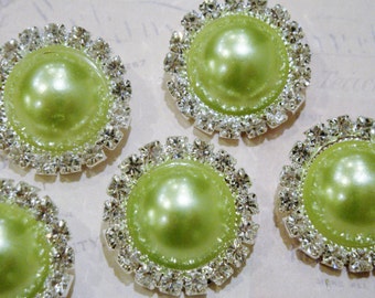 5 pcs - 20mm Silver Metal LIME Green Pearl (no.8) Crystal Rhinestone Buttons Embellishments w/ shank - wedding / hair / Flower Center