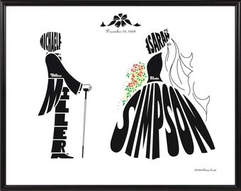 Personalized Wedding Silhouette Print of Bride and Groom, Framed Anniversary Name Art Decor