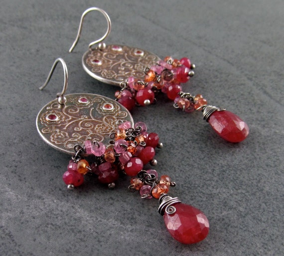 Ruby chandelier earrings with orange & pink sapphire OOAK