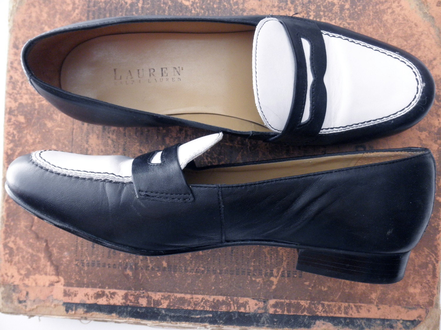 vintage RALPH LAUREN loafers leather white navy size 7B