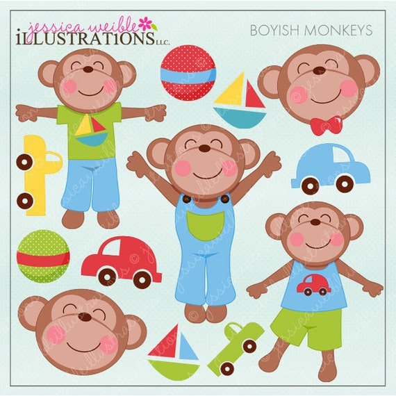 Boyish Monkeys Cute Digital Clipart for Card Design, Scrapbooking, and Web Design Il_570xn