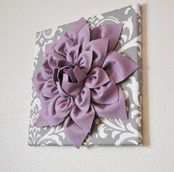  Wall Art  Lilac Purple Dahlia on Gray and White Damask 12