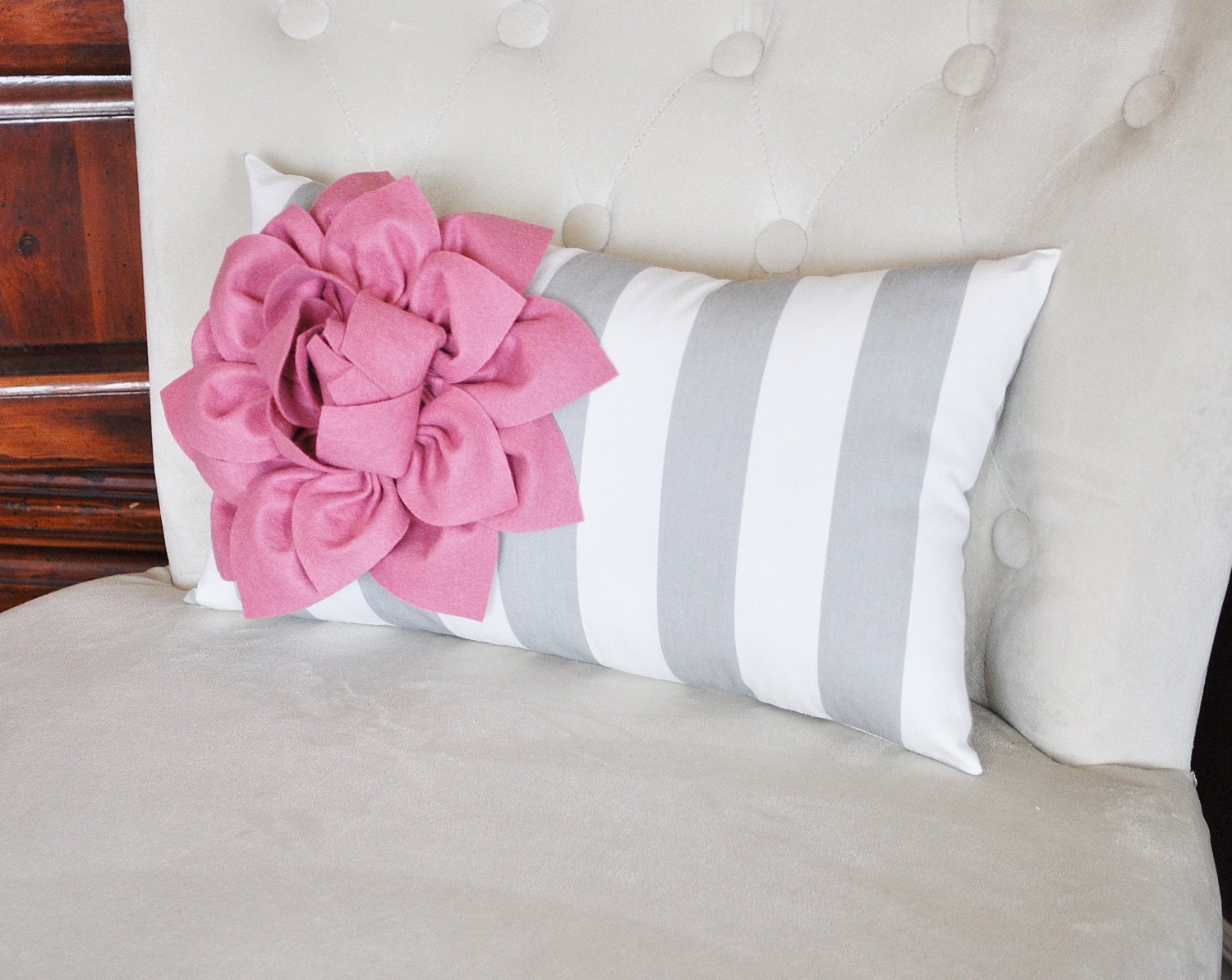 Stripe Lumbar Pillow Blush Pink on Gray and White Striped