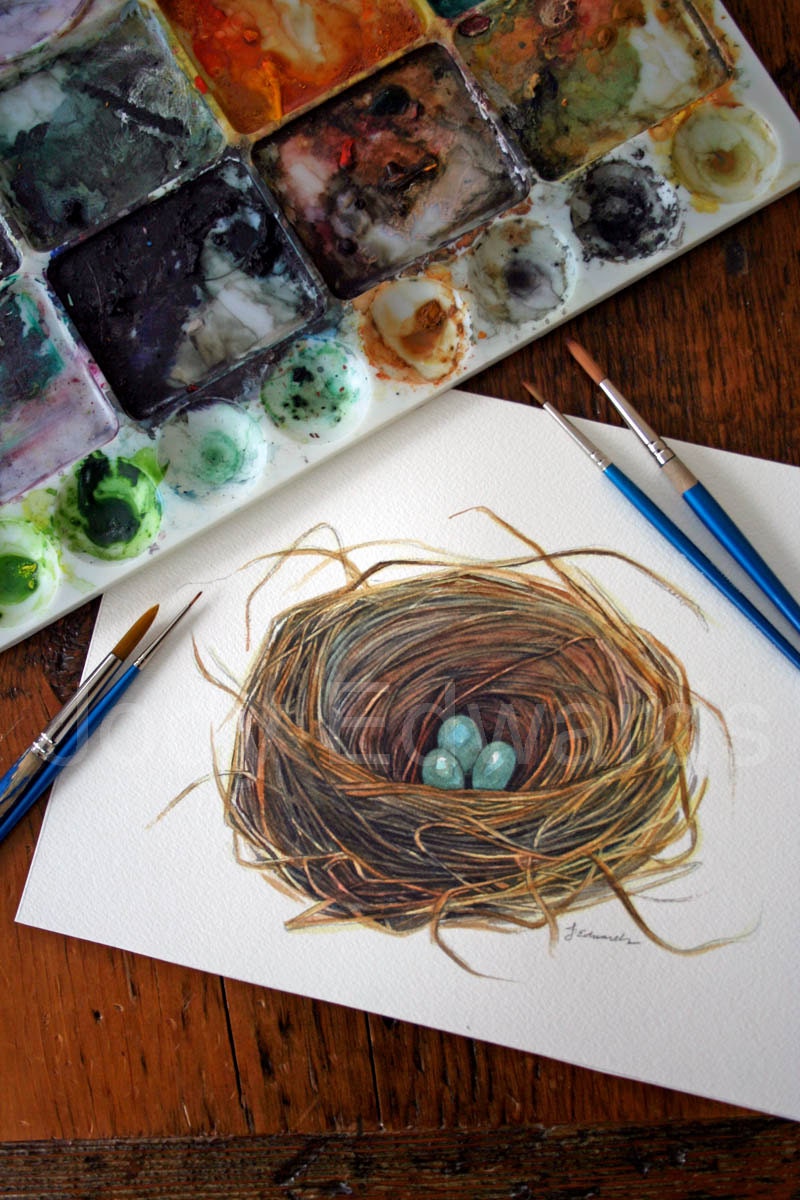 Watercolor Birds Nest Painting Original Watercolor