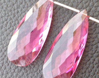 AMAZING BRAND New, Superb Amazing Matched Pair, 40x15mm Long, New PINK Quartz Elongated Faceted Pear pair.Low Price