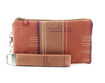 Western clutch - small purse handmade from woven recycled fabric - orange gift set for women includes zipper pouch and wristlet key fob
