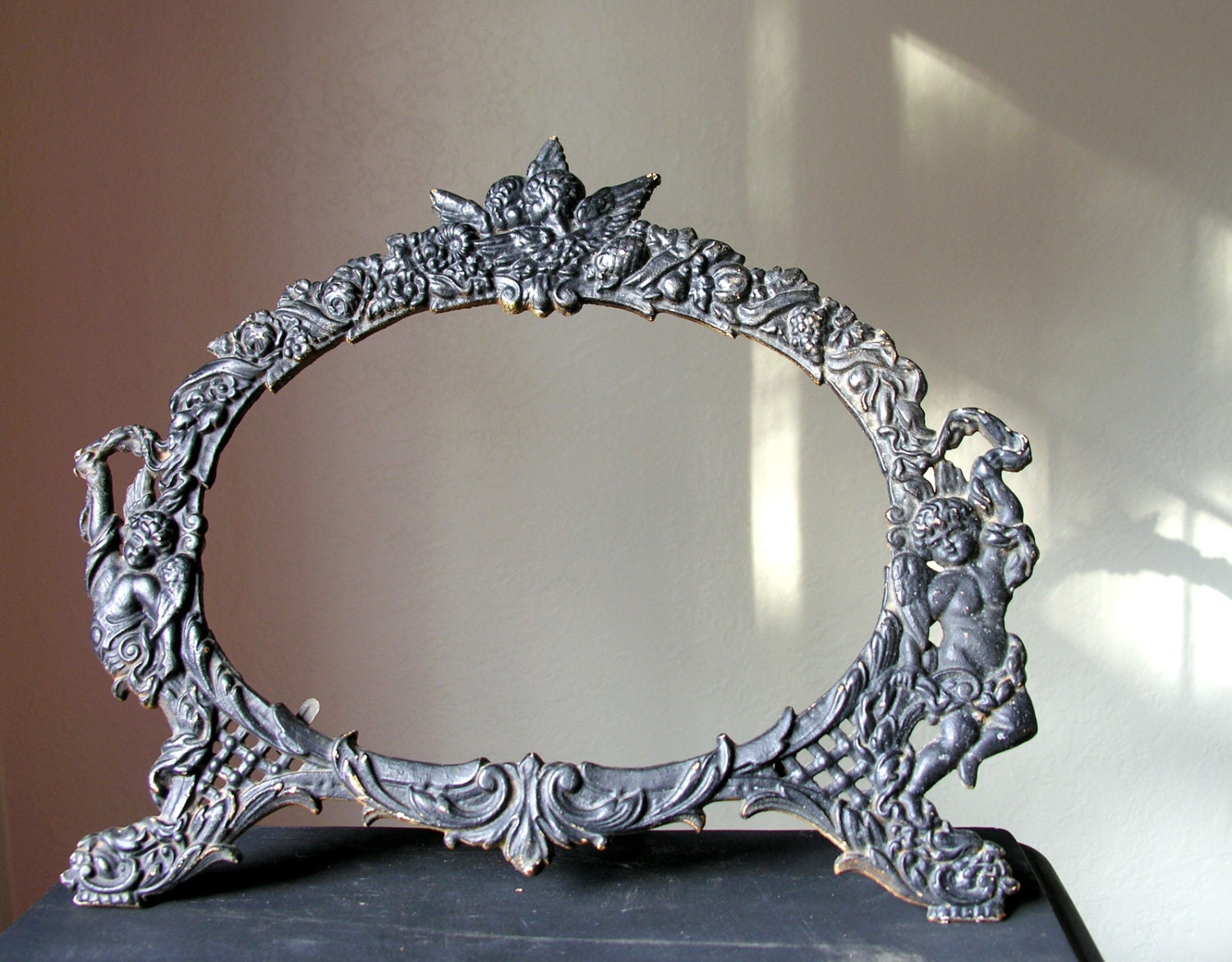 Vintage Black Cast Iron Picture Photo Mirror Frame Black