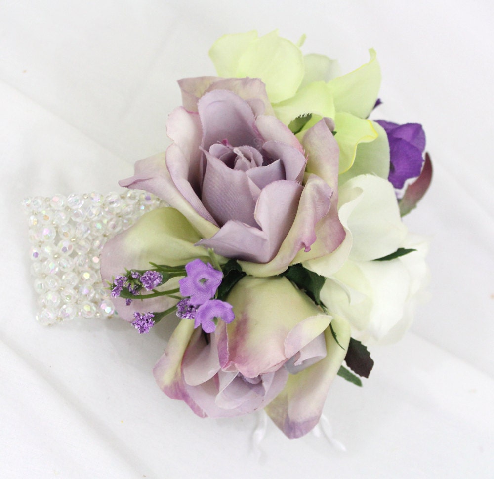White Purple Rose Wrist Corsage Prom Wedding
