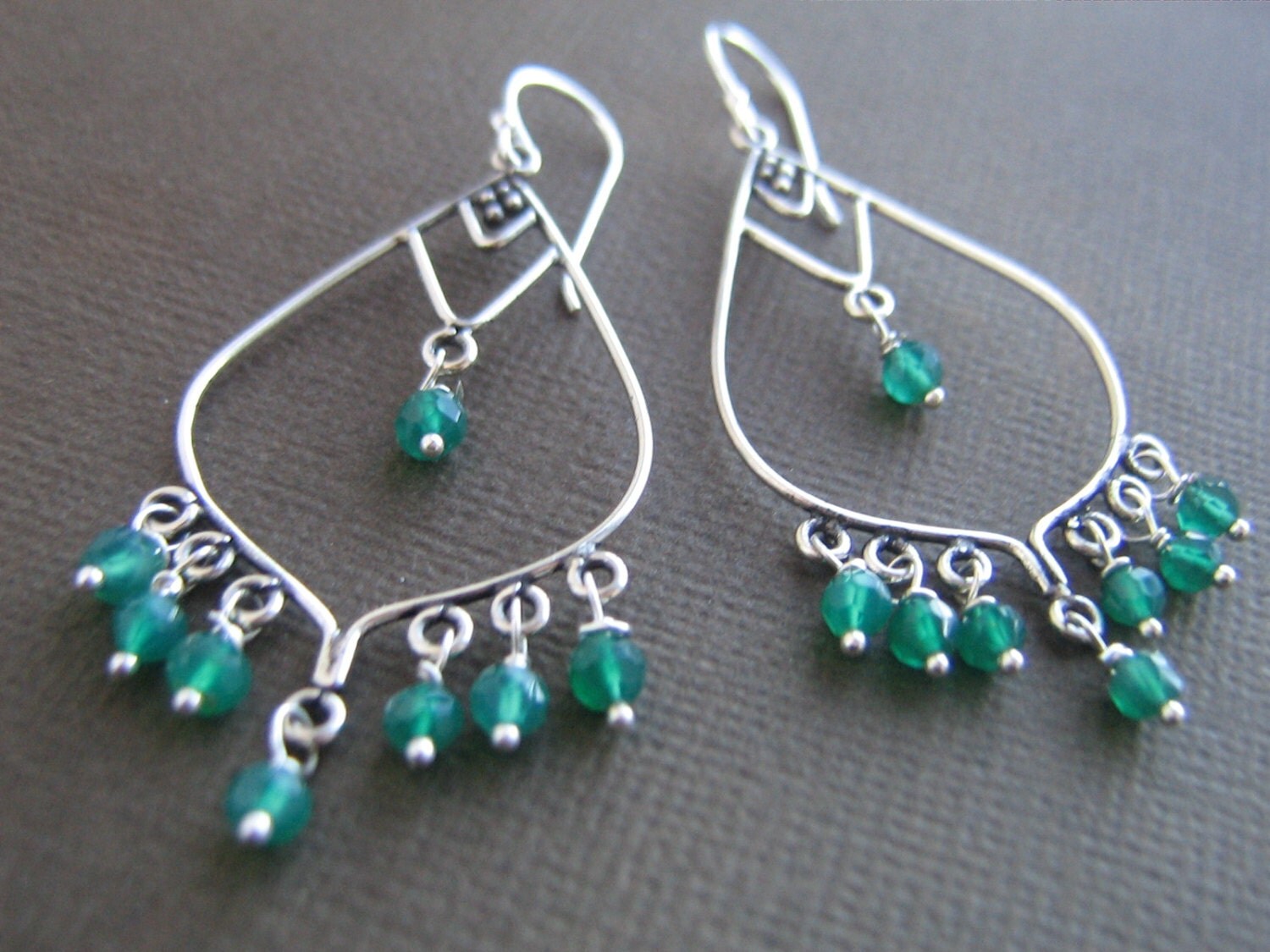 Sterling Silver Filigree And Green Onyx Chandelier Earrings