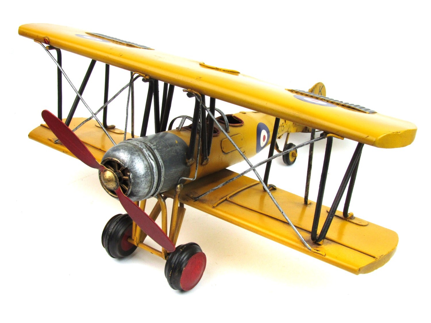 Yellow Tin Toy Biplane w/ Spinning Propeller