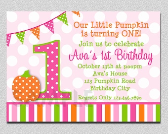 Pumpkin Birthday Invitation Polka Dot Pumpkin 1st Birthday Party Invitation