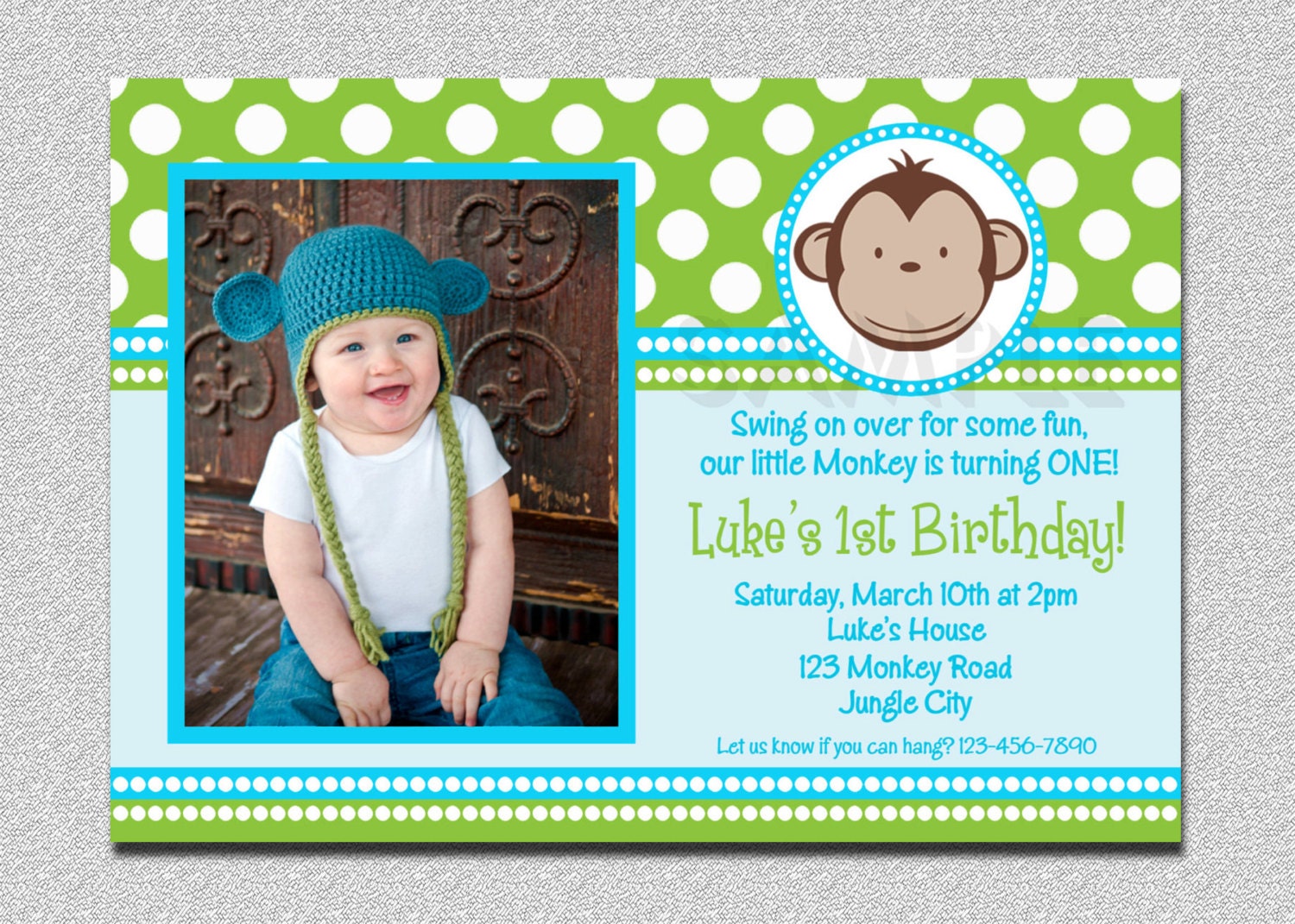 Mod Monkey Birthday Invitation 1st Birthday Polka Dot Birthday