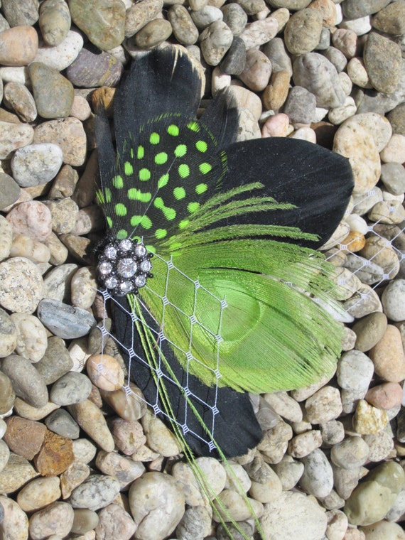 Lime Green and Black Feather Fascinator by DaintyDamselfli on Etsy