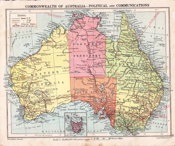 1950s Australia map vintage Australian map with Tasmania as