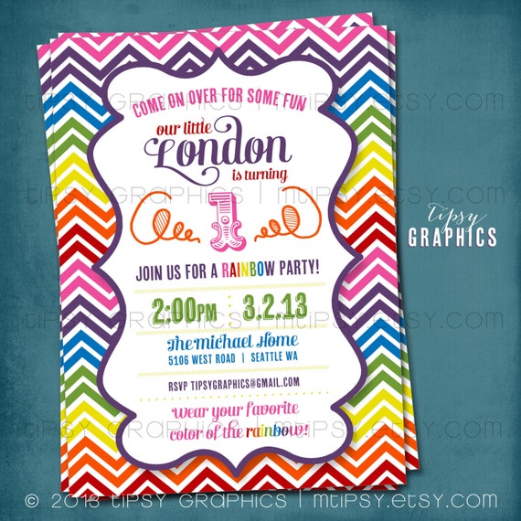 Rainbow Chevron Birthday Party Invitation. Super Fun