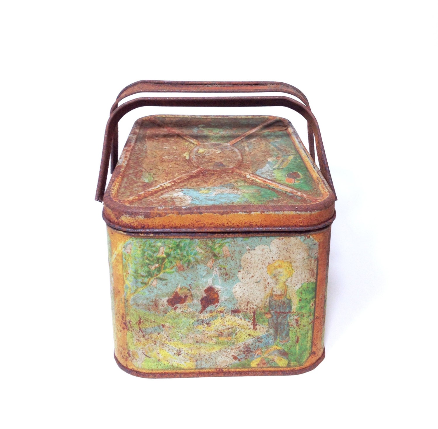Antique Lunch Tin Lunch Box Rusty Playground Scene Red Green