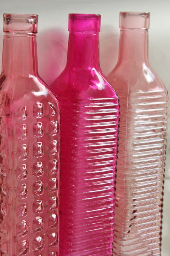 Set of 10 HOT PINK GLASS Bottles Pink Blush Fuchsia Magenta