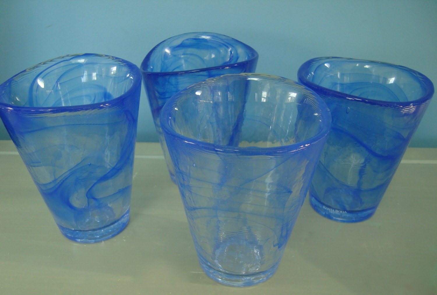 4 Swedish Kosta Boda Blue Art Glass drinking Glasses Sweden