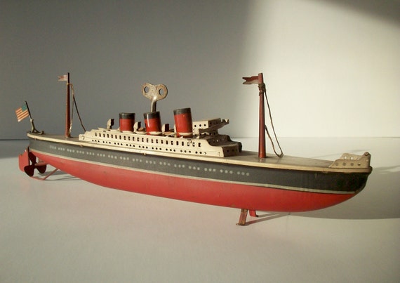 Vintage Metal Clockwork Toy Boat Ship Oceanliner Steamer