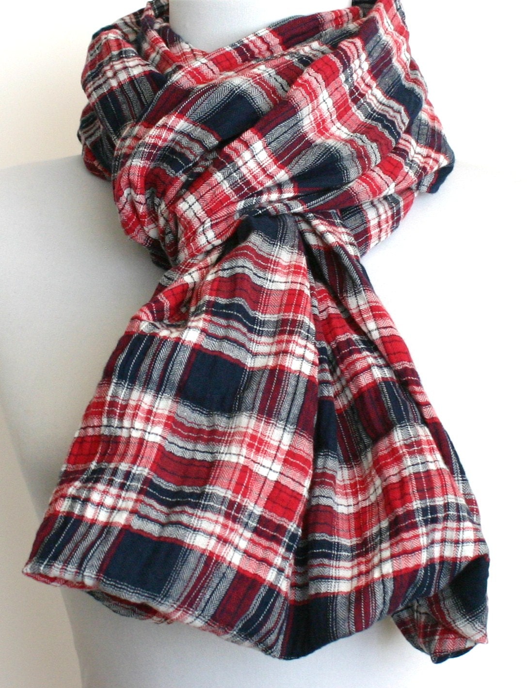 Plaid Infinity Scarf in Red White and Navy Blue Crinkled