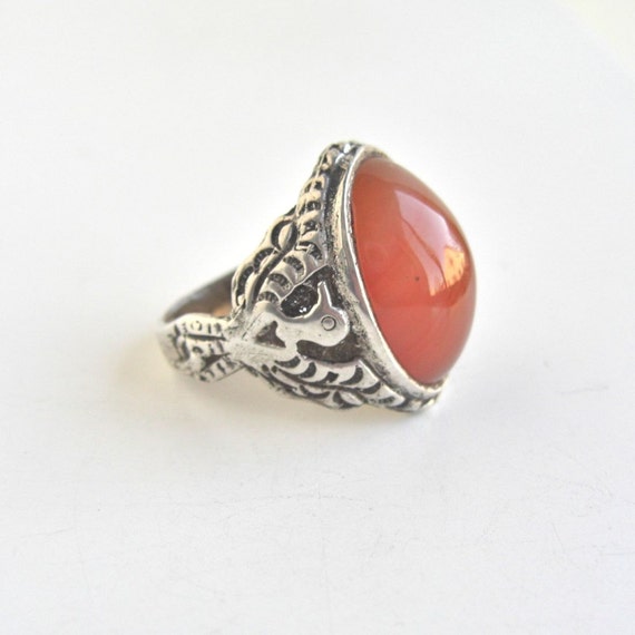 Large Heavy Sterling Silver Thunderbird & Agate Ring Size 9