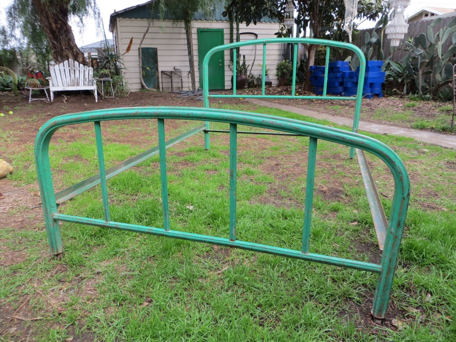Antique Kelly Green Double Bed Frame Complete w/ Headboard