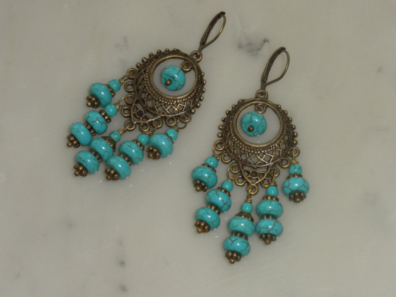 SALE-Blue turquoise chandelier earrings vintage gypsy style