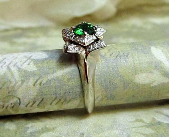 SALE Lotus Engagement Ring...14k White Gold, Diamonds and Green Chrome ...