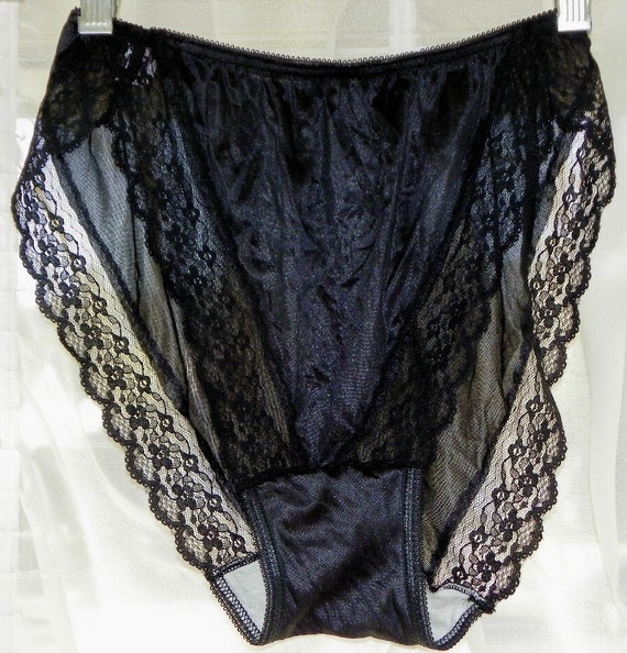 Vintage Sheer Black Lace Panty Open Leg Cotton Lined Wide