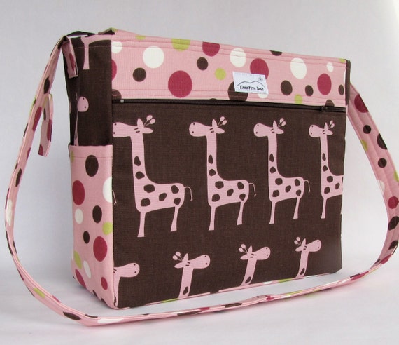 pink giraffes on brown, polka dots diaper bag, 12 compartments, cross ...