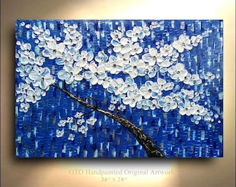 ORIGINAL Blue Silver Sapphire Flower Tree Painting 36x24 Abstract Landscape Artwork Flowerscape Textured Modern Contemporary art by OTO