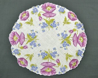 VINTAGE HANKIE, Violet Anemonies on White, Round, Scalloped Edge, Corded, Blue Lime Green Accents, Pocket Hankie, Excellent Condition