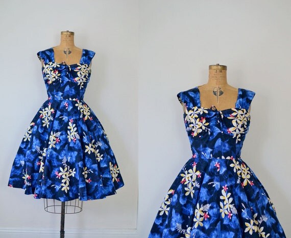 1950s Hawaiian Dress / 50s Blue Halter Dress