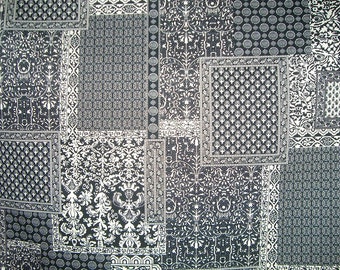 REMNANT--Black and Ivory Woodblock Style Print Stretch Cotton Sateen Fabric--1.5 YardS