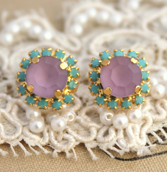 Stud earrings Turquoise Purple Crystal 14 k plated gold post