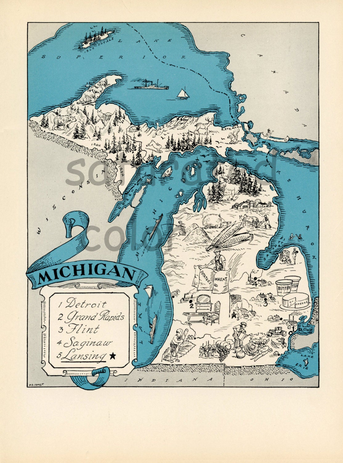 Michigan Vintage Map High Res DIGITAL IMAGE by SaturatedColor