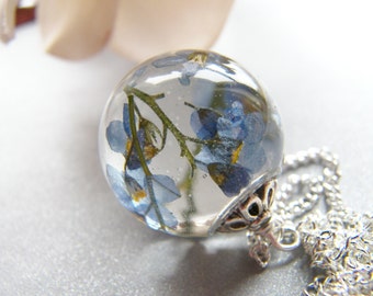 Forget me Not Necklace, Resin Orb, Blue Pressed Flower Necklace, Remembrance Necklace, Gift for Her